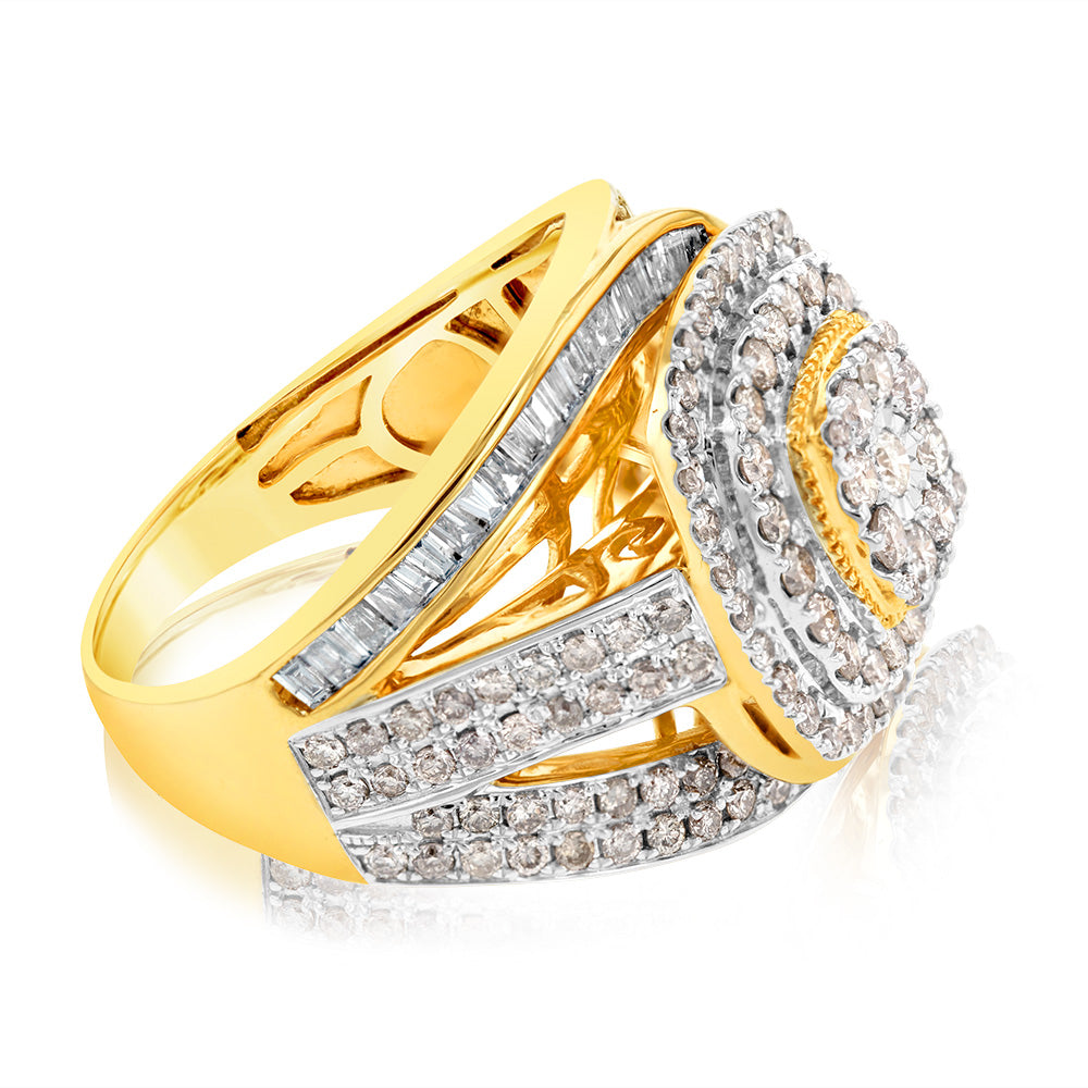 9ct Yellow Gold 2 Carat Diamond Dress Ring with Brilliant and Baguette Diamonds