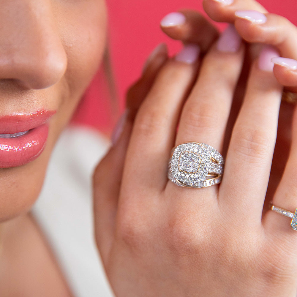 Adjustable Dress Rings 9ct Yellow Gold 2 Carat Diamond Dress Ring with Brilliant and Baguette ...
