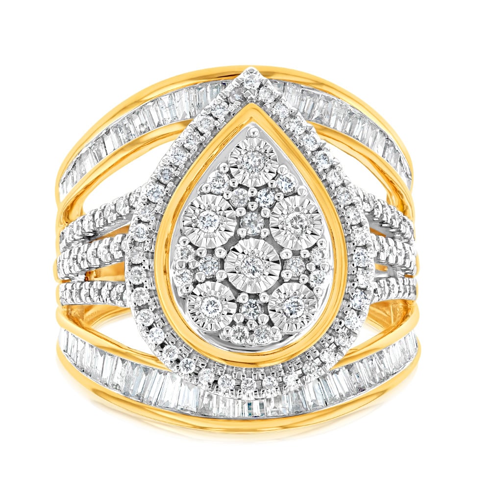 9ct Yellow Gold 1 Carat Diamond Pear Shape Cluster Dress Ring