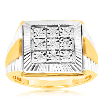 9ct Yellow Gold & Rhodium Set with 9 Brilliant Diamonds Gents Ring Set