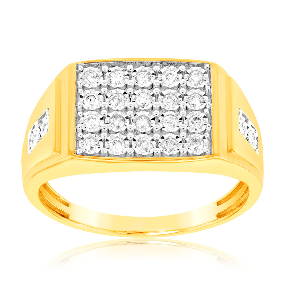 9ct Yellow Gold & Rhodium 1/3 Carat Set with 24 Diamonds Gents Ring