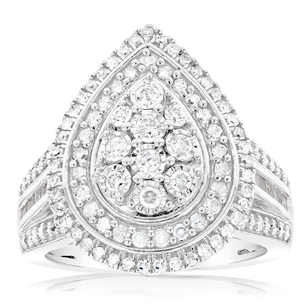 Sterling Silver 1 Carat Diamond Ring With 110 Brilliant & 22 Baguette Cut Diamonds