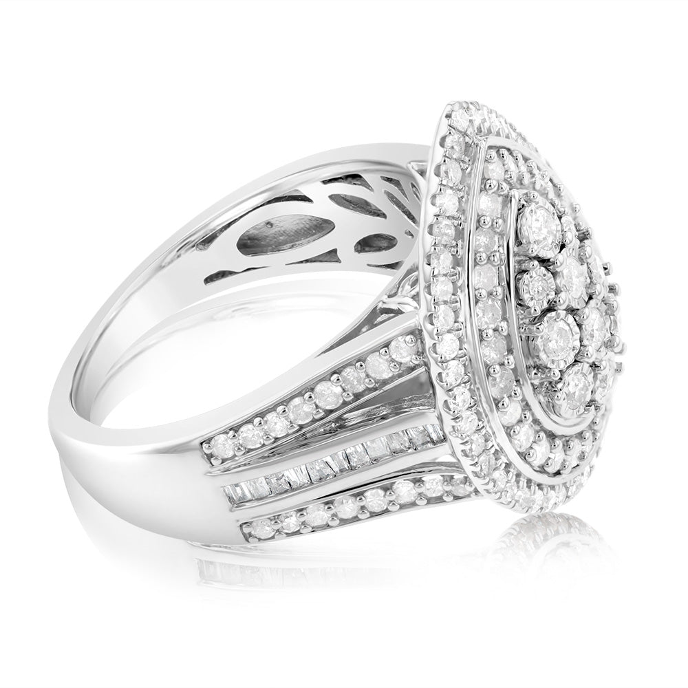 Sterling Silver 1 Carat Diamond Ring With 110 Brilliant & 22 Baguette Cut Diamonds