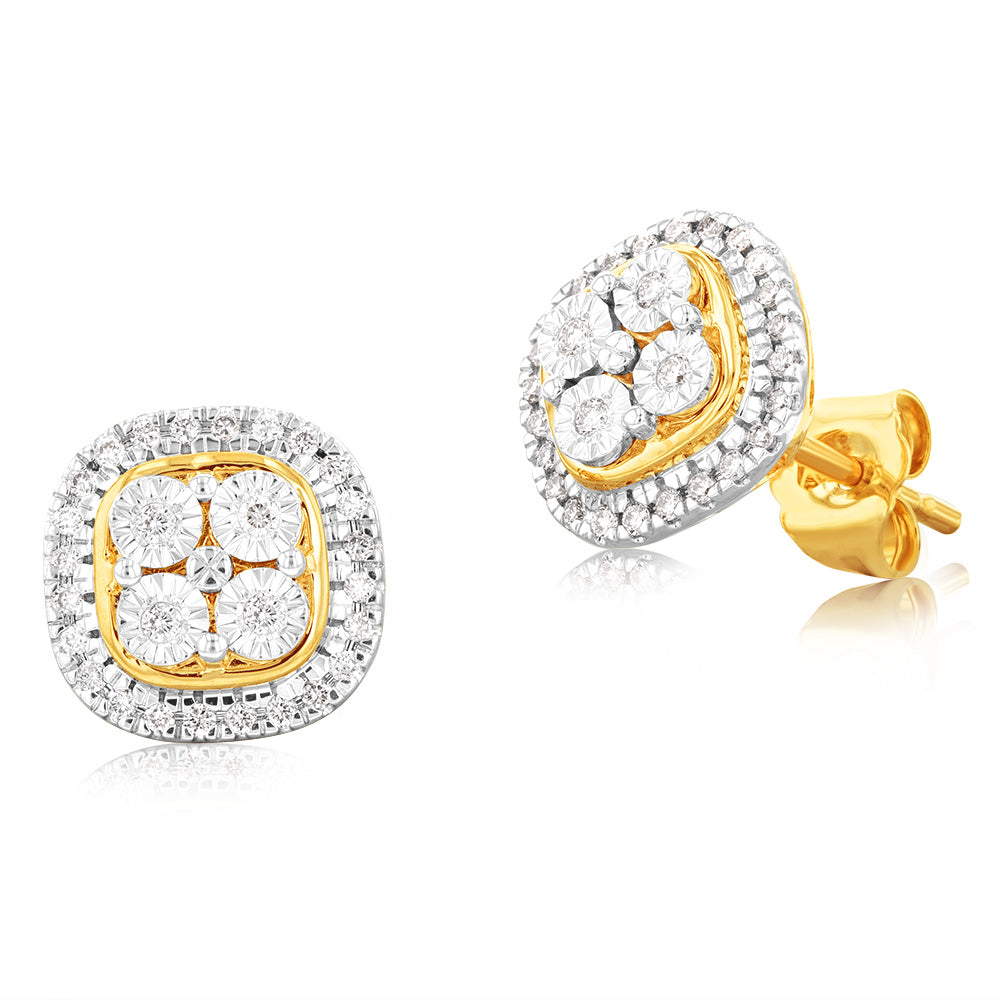 9ct Yellow Gold 1/5 carat Diamond Stud Earrings with 56 Brilliant Cut Diamonds