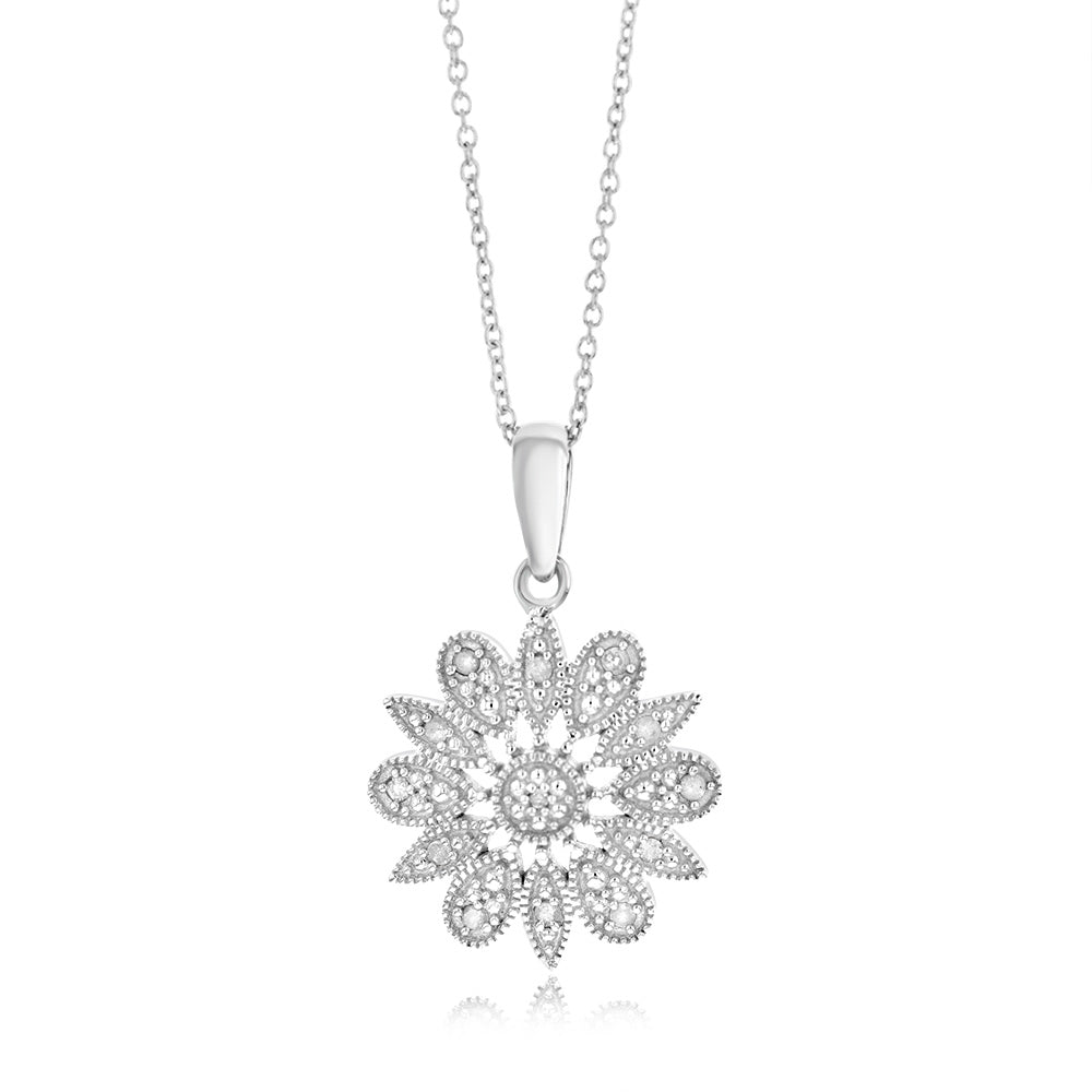 1/10 Carat Diamond Flower Pendant in Sterling Silver