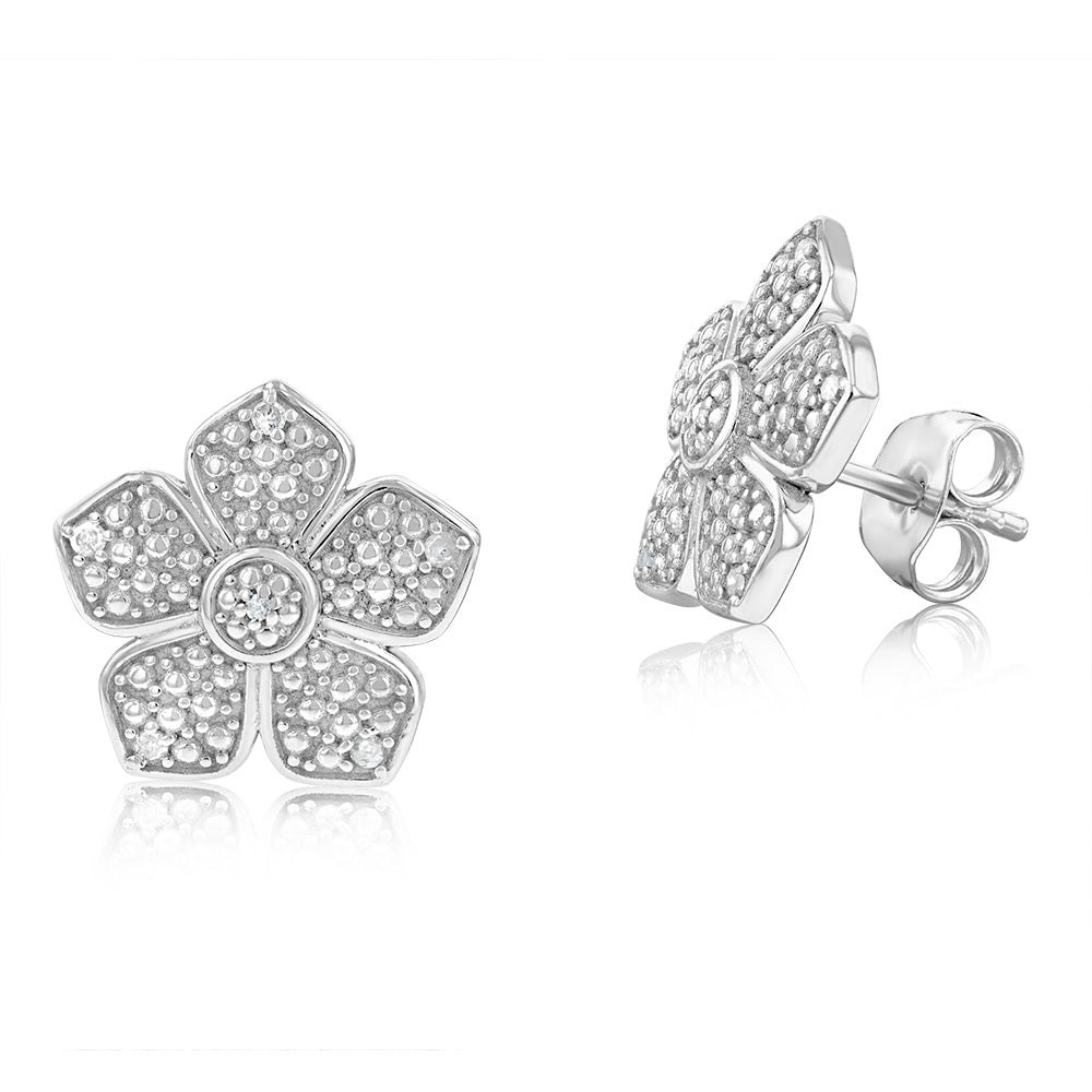 Diamond Flower Stud Earrings in Sterling Silver
