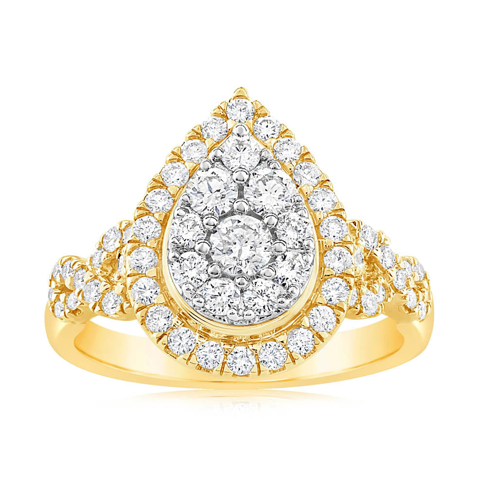 0.95 Carat Diamond Cluster Pear Shape Ring in 14ct Yellow Gold