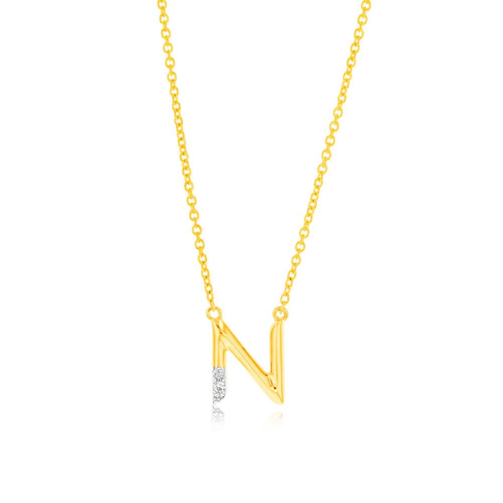 Initial N Diamond Pendant in 9ct Yellow Gold