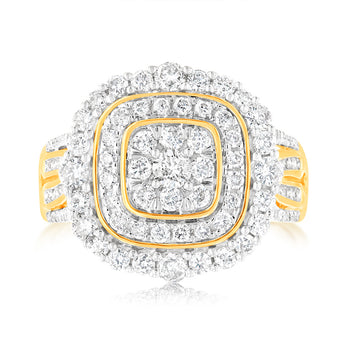 9ct Yellow Gold 1 Carat Diamond Ring with 107 Round Brilliant and Baguette Diamonds