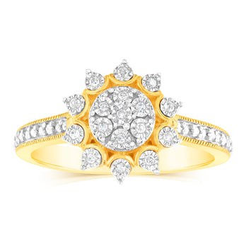 9ct Yellow Gold 1/10 Carat Diamond Cluster Ring with 27 Round Brilliant Diamonds