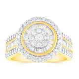 1 Carat Diamond Cluster Ring with Round Brilliant and Baguette Diamonds in 9ct Yellow Gold