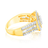 1 Carat Diamond Cluster Ring with Round Brilliant and Baguette Diamonds in 9ct Yellow Gold