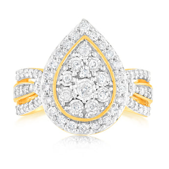 1 Carat Diamond Cluster Ring with 69 Round Brilliant Diamonds in 9ct Yellow Gold
