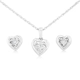 Sterling Siver  0.08 Carat Diamonds Heart Shaped Earring and Pendant Set on 45cm Chain