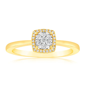 9ct Yellow Gold 1/6 Carat Diamond Cluster Halo Ring