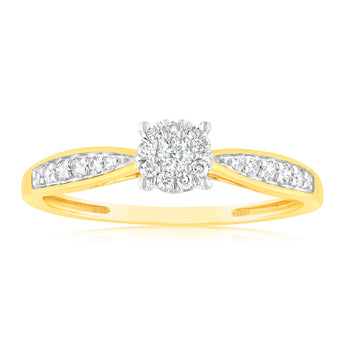 9ct Yellow Gold 1/4 Carat Diamond Halo Solitaire Ring with Diamond 12 Side Diamonds