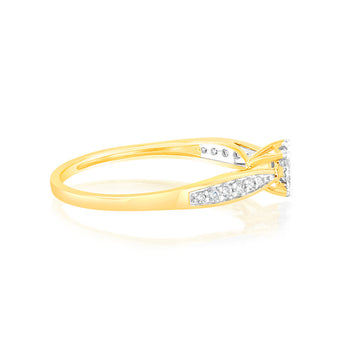 9ct Yellow Gold 1/4 Carat Diamond Halo Solitaire Ring with Diamond 12 Side Diamonds