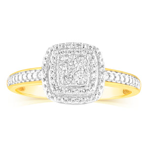 9ct Yellow Gold Cushion Shaped Fancy Ring with 32 Round Brilliant Cut Diamonds