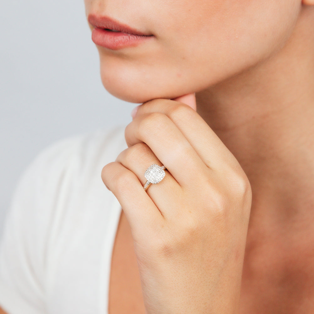 Full Ring 9ct Yellow Gold Cushion Shaped Fancy Ring with 32 Round Brilliant Cut ...