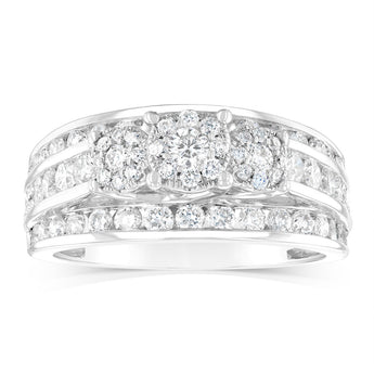 14ct White Gold 1.5 Carat Diamond Trilogy Ring with 3 Round Brilliant Cut Diamonds Surrounded by Diamond Halos and Channel Set Band