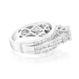 14ct White Gold 1.5 Carat Diamond Trilogy Ring with 3 Round Brilliant Cut Diamonds Surrounded by Diamond Halos and Channel Set Band