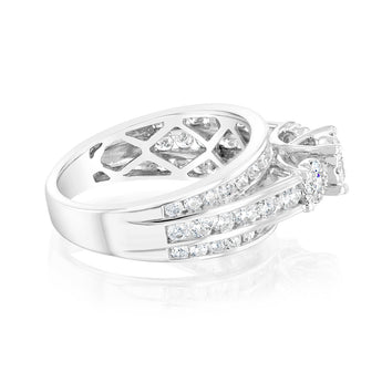14ct White Gold 1.5 Carat Diamond Trilogy Ring with 3 Round Brilliant Cut Diamonds Surrounded by Diamond Halos and Channel Set Band