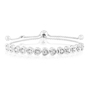 Sterling Silver Diamond Heart Slider Bracelet with 13 Round Brilliant Cut Diamonds