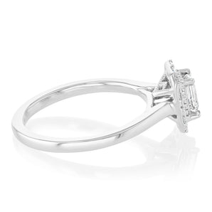 1/2 Carat Diamond Ring With Emerald Cut Centre Diamond Surrounded by Brilliant and Baguette Diamond Halo in Platinum