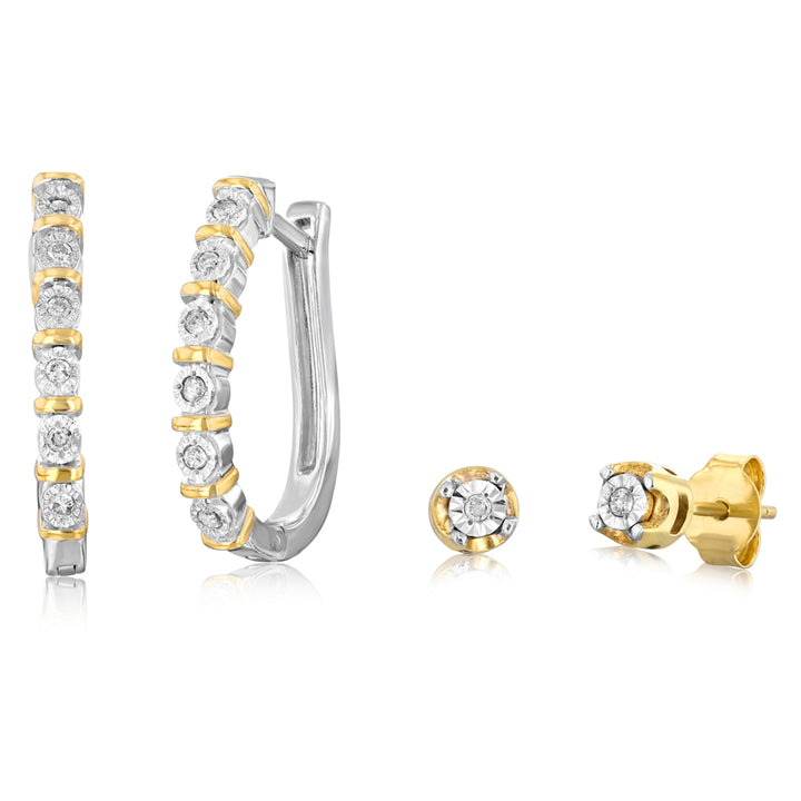 1/10 Carat Diamond Hoop and Stud Earrings Earrings Set in Gold Plated Silver