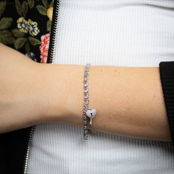 5 Points Diamond Heart Lock & Key 17.5cm Bracelet in Sterling Silver