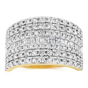 1.5 Carat Diamond Ring with Round Brilliant and Baguette Diamonds in 9ct Yellow Gold