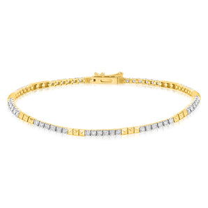 1 Carat Diamond Tennis 2 tones Bracelet 17.5 cm in 9ct Yellow Gold