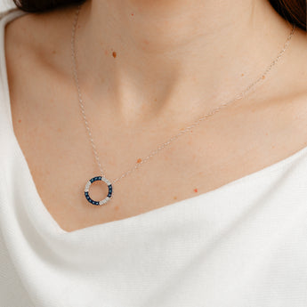 Treated Blue and White Diamond Circle Pendant on 45cm Chain in Sterling Silver