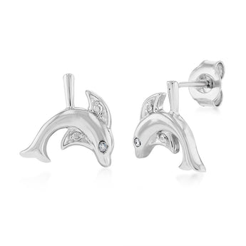 Diamond Dolphin Stud Earrings in Sterling Silver