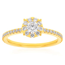 Load image into Gallery viewer, Memoire 18ct Yellow Gold 0.70 Carat Diamond Bouquet Halo Solitire Ring