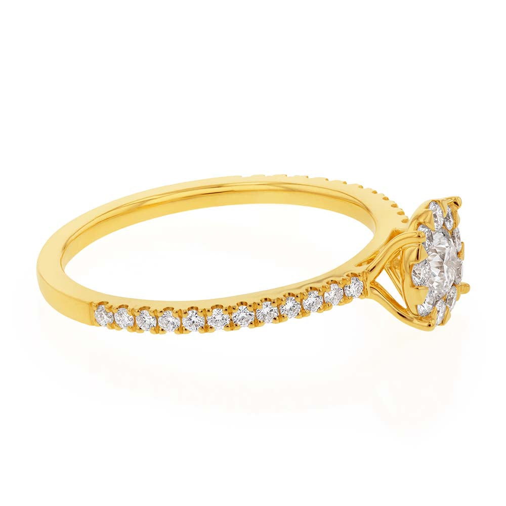 Memoire 18ct Yellow Gold 0.70 Carat Diamond Bouquet Halo Solitire Ring
