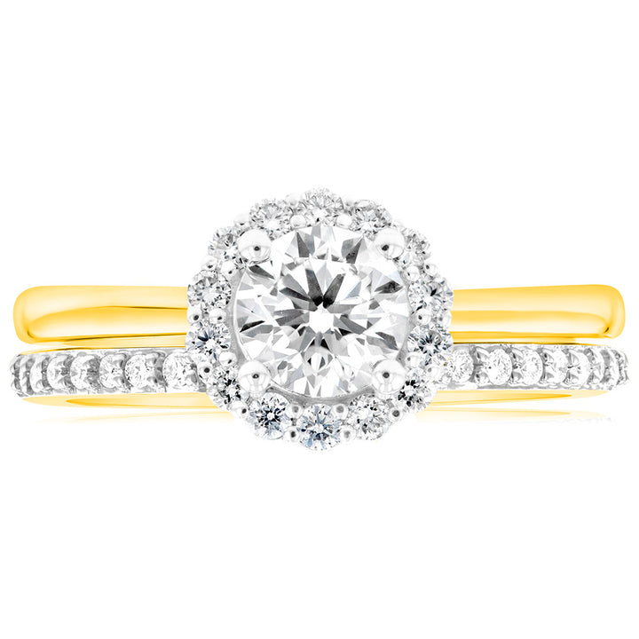 Luminesce Lab Grown Diamond 1 Carat Bridal Set in Halo Design set in 18ct Yellow Gold