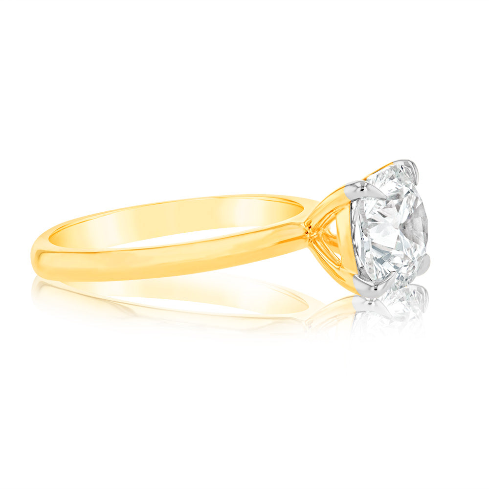 Luminesce Lab Grown Certified 2 Carat Diamond Cushion Cut Engagement Ring in 18ct Yellow Gold