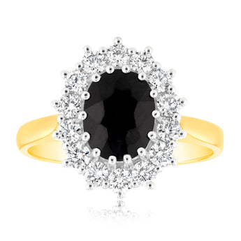 Luminesce Lab Grown 9ct Yellow Gold 0.70 Carat Diamond & 2.6ct Natural Black Sapphire 9x7mm Ring