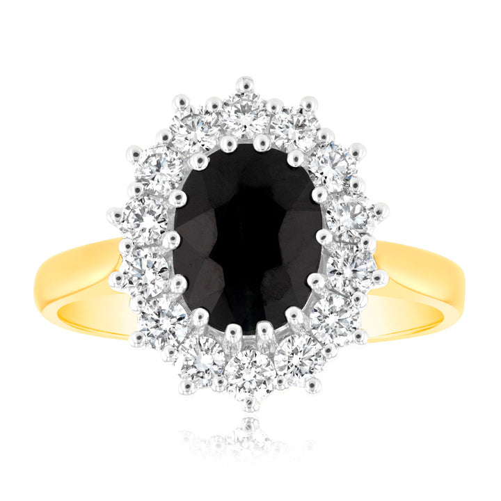 Luminesce Lab Grown 9ct Yellow Gold 0.70 Carat Diamond & 2.6ct Natural Black Sapphire 9x7mm Ring