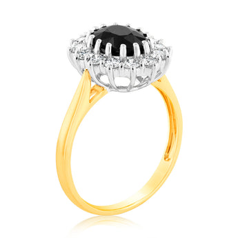 Luminesce Lab Grown 9ct Yellow Gold 0.70 Carat Diamond & 2.6ct Natural Black Sapphire 9x7mm Ring