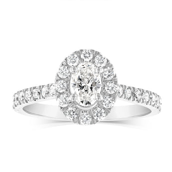 Luminesce Lab Grown 9ct White Gold 1 Carat Diamond Halo Solitaire Ring with Oval Centre Diamond