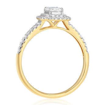 Luminesce Lab Grown 1 Carat Diamond Halo Solitaire Ring Emerald Centre Diamond in 9ct Yellow Gold
