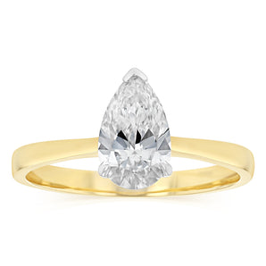 Luminesce Lab Grown 1 Carat Certified Pear Diamond Solitaire Ring in 18ct Yellow Gold