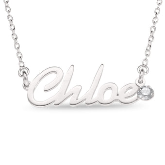 Personalised Sterling Silver Name Pendant with Birthstone on 40cm Chain