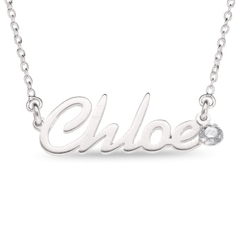 Personalised Sterling Silver Name Pendant with Birthstone on 40cm Chain