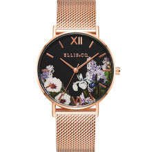 Load image into Gallery viewer, Ellis &amp; Co &#39;Iris&#39; Floral Rose Gold Tone Stainless Steel Mesh Bracelet Womens Watch