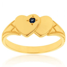 Load image into Gallery viewer, 9ct Yellow Gold Sapphire 2Heart Signet Ring Size L