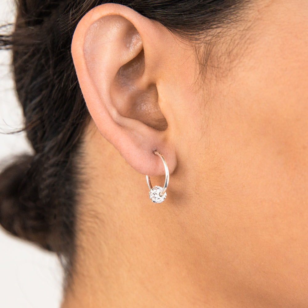 Sterling Silver White Crystal Slider Hoop Earrings