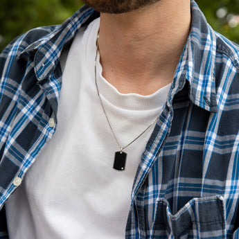 Sterling Silver Rhodium Plated Black and Zirconia Dog Tag Pendant